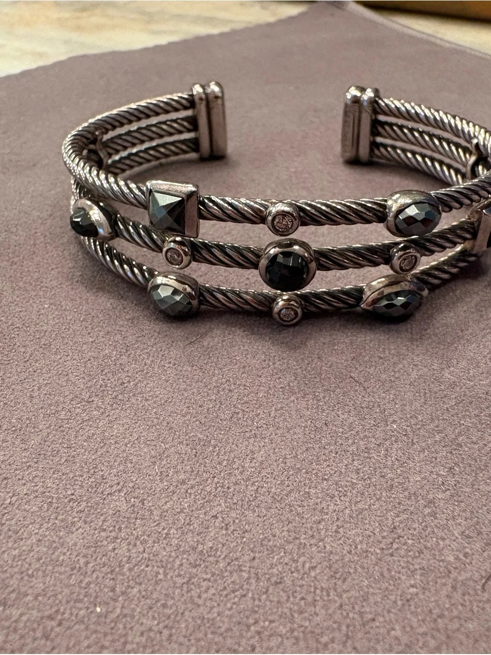 David Yurman Sterling Silver 3-Row Hematite, Onyx and Diamond Confetti  Bracelet